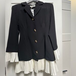 Commense Black Blazer with White Pleated Hem and Cuffs